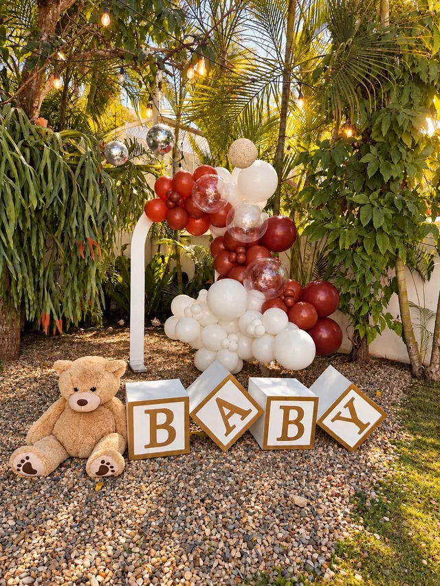 Ambiente de baby shower con globos blancos y terracota, osito y luces entre palmeras